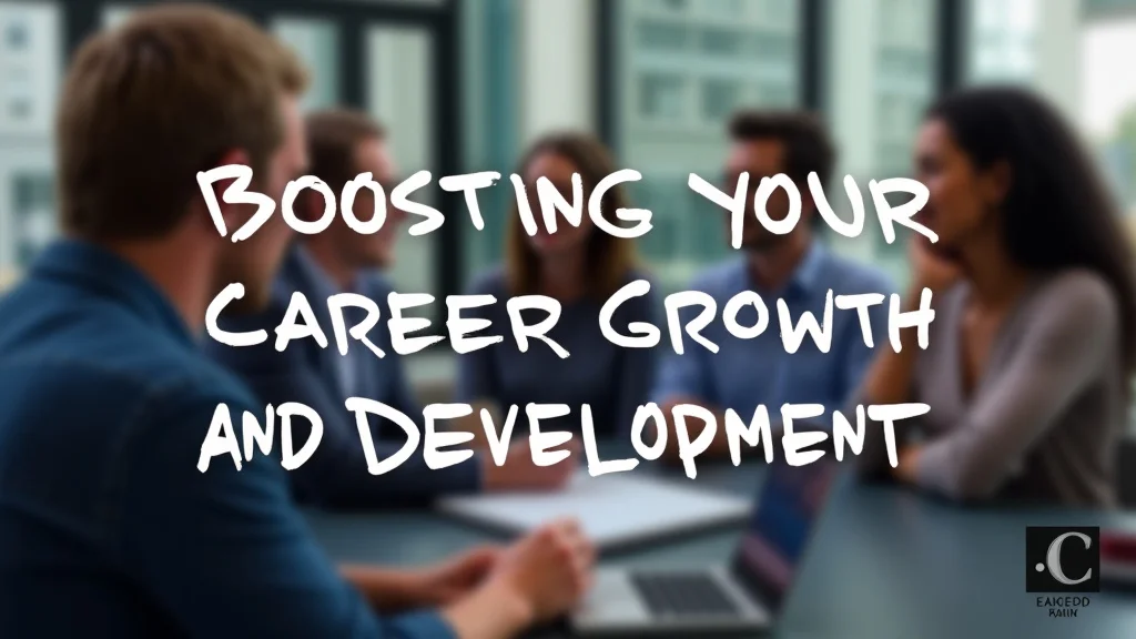 The image shows a diverse group of professionals collaborating to boost career growth and development.