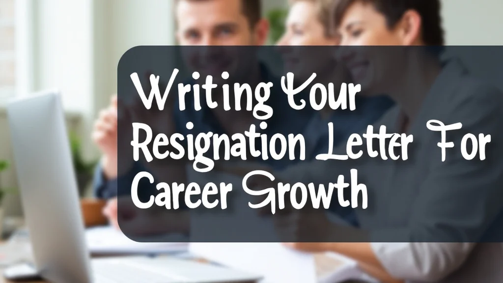 The image shows a person typing a resignation letter on a laptop, symbolizing writing for career growth.